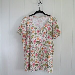 J. Jill Floral V-Neck Blouse Pink and Green 100% Pima Cotton Size Large